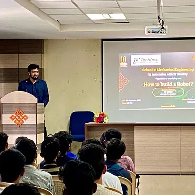 Our lead mentor kicking off a 'How to Build a Robot' workshop at Reva University. We partner with colleges to provide practical, hands-on sessions for their mechatronics and engineering students.