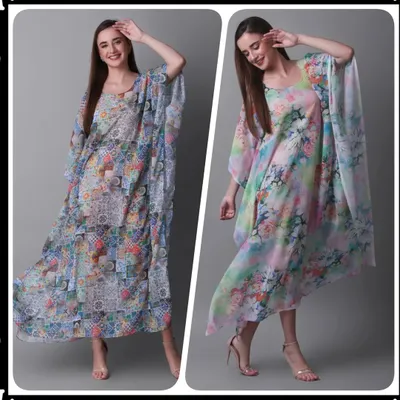 A model showcasing two different printed kaftan dresses. This side-by-side comparison is effective for e-commerce platforms where customers choose between multiple patterns.