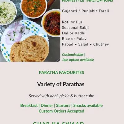 Here you can see the heart of my menu. My homestyle thalis come with roti or puri, seasonal sabji, dal or kadhi, and rice, giving you a complete and balanced meal. I also make a variety of parathas served with dahi and pickle, which are great for breakfast, lunch, or dinner.