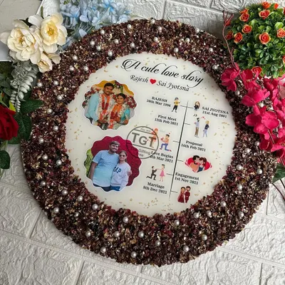 This large 19-inch round frame tells a couple's complete love story. It includes their birth dates, first meeting, proposal, and marriage date, all illustrated on a timeline.