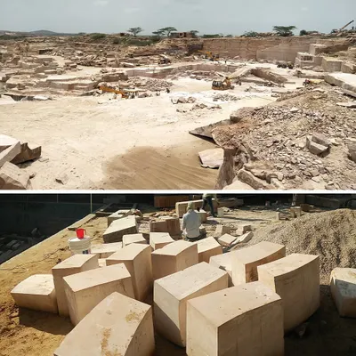 The journey of the 'House of Solid Stone' began at the source. This image shows the sandstone quarry in Rajasthan and the massive blocks cut and prepared for the project, where we committed to using no material other than stone for construction.