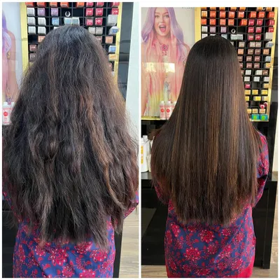 This before and after shows how a protein treatment can bring dull, frizzy hair back to life with shine and smoothness.