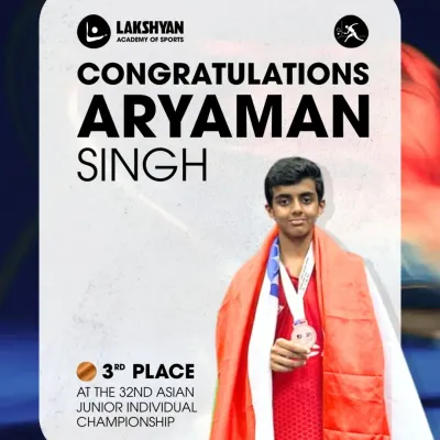 A proud moment for India as our athlete, Aryaman Singh, stands on the podium with a bronze medal at the 32nd Asian Junior Individual Squash Championship.