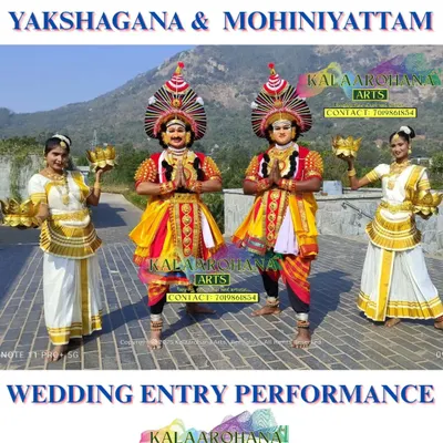 A one-of-a-kind wedding entry combining Yakshagana and Mohiniyattam artists. This fusion concept provides a culturally rich and visually stunning welcome, setting a majestic tone for the entire celebration.