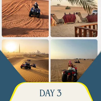 Day 3 of our Dubai itinerary: a thrilling desert safari. Experience dune bashing, camel rides, and a traditional Bedouin-style dinner under the stars.