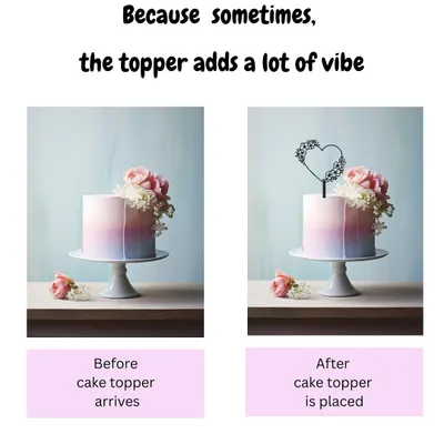 A simple topper can make all the difference. This before-and-after shows how our delicate heart-shaped line art topper adds a beautiful finishing touch.