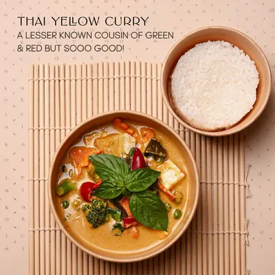 My Thai Yellow Curry, a rich and creamy curry that's milder than its red and green cousins but just as flavorful. It's packed with vegetables and served with a side of fluffy jasmine rice.