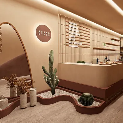 The counter at Sugar State Bakery, where design meets dough. I used flowing, organic shapes and an earthy color palette to create a space that feels as warm and inviting as freshly baked bread.