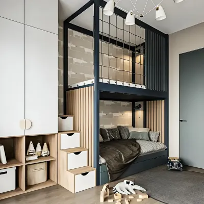 This modern bunk bed is designed for both sleep and play. The lower bunk provides a cozy sleeping area, while the upper level features a secure net enclosure, perfect for a play fort or a quiet reading space.
