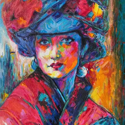 This vibrant portrait of a woman in a hat is created using the "frottage" technique, which involves rubbing a textured surface to create an impression. The result is a colorful and expressive piece with a unique texture.