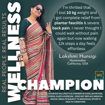 Lakshmi's journey is a testament to overcoming chronic pain. She went from struggling to stand due to plantar fasciitis and severe back pain to walking 12,000 steps effortlessly. Through targeted lifestyle changes, she lost 10 kg and regained her mobility and confidence.