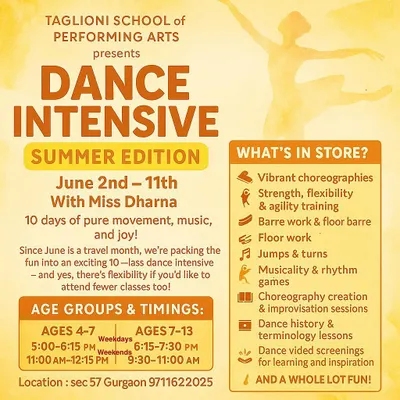 Our Summer Dance Intensive with Miss Dharna is the perfect way to dive deep into dance. This 10-day program for ages 4-13 covers Ballet, Jazz, and Contemporary, with a focus on technique, choreography, and creative expression. Flexible options are available to fit your summer schedule.