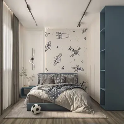 A modern kid's bedroom concept with a space-themed wallpaper. This design shows our ability to create imaginative and stylish rooms for children.