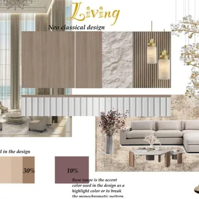 This mood board for a neo-classical living room outlines the core elements of our design concept. It details the color theme, material selections like wood and stone, and key furniture pieces to ensure a cohesive and elegant final space.