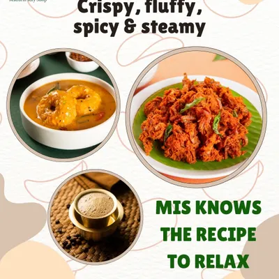 Crispy, fluffy, spicy, and steamy. This image collage shows some of our best evening snacks, like Sambar Vada and Kothu Parotta, paired with a relaxing cup of filter coffee.