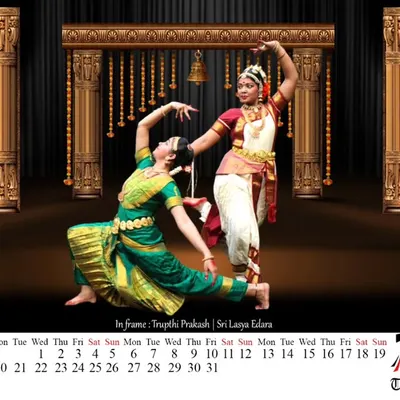 A stunning calendar shot showcasing the elegance of classical Indian dance with our Kuchipudi and Bharatanatyam students.