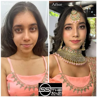 This before and after image shows a complete makeup transformation for a client's pre-wedding event. I focused on creating a radiant base, defining her eyes, and adding soft waves to her hair, complementing her traditional attire and jewelry.