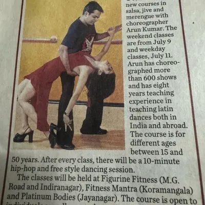 A newspaper clipping featuring my guru, Arun sir. He was known as the "Salsa King" of Bangalore and taught Latin dance to so many. I am here today because he saw my talent and guided me.