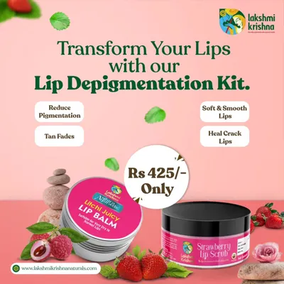 Transform your lips with our Lip Depigmentation Kit. This graphic shows our Strawberry Lip Scrub and Litchi Juicy Lip Balm, a combination designed to reduce pigmentation, fade tan, heal cracks, and leave your lips soft and smooth.