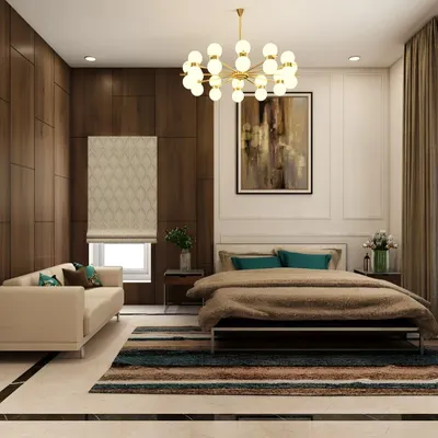 A photorealistic render of a sophisticated master bedroom. The design is defined by a floor-to-ceiling wood-paneled wall, a statement chandelier, and a plush sofa, creating a luxurious and inviting atmosphere.