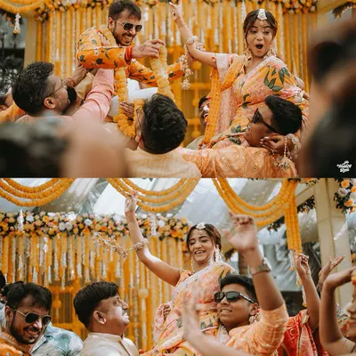 The sheer fun of a Haldi ceremony, with the bride and groom lifted on the shoulders of their loved ones. These are the high-energy, candid moments that make a wedding album unforgettable.