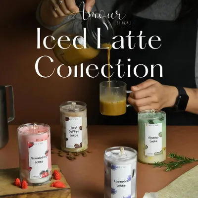 Our full Iced Latte Collection. Featuring Iced Coffee, Matcha, Lavender, and Strawberry, this set is a feast for the eyes and nose, hand-poured to look just like the real thing.
