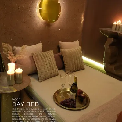 The Rooh Day Bed, a piece from our Rooh Collection, which symbolizes inner peace and the connection between human presence and nature's essence. It's a space where the five elements come together.