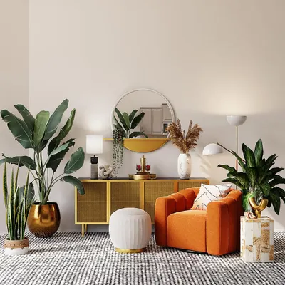 A demonstration of our interior plant styling. We selected plants and decorative pots that act as living decor, enhancing the color scheme and modern furniture of this beautiful living room corner.