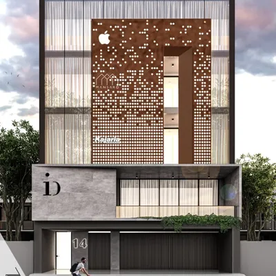 A 3D render for a commercial building featuring a parametric façade made of perforated corten steel. This design provides a unique identity for the brand while controlling sunlight into the office spaces behind it.