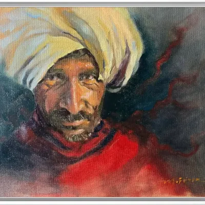 'The Red Turbaned Soul,' an oil on canvas piece. I used a palette knife and expressive brushwork to create a sense of movement and energy, contrasting the fiery red with the deep, thoughtful expression of the subject.