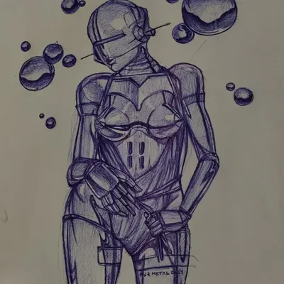 A complete ballpoint pen drawing of a cyborg character. I use cross-hatching and layering to create metallic textures and reflective surfaces, even with a simple pen.