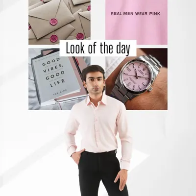 This look is built around a custom-made pink cotton shirt. Paired with classic black trousers, it proves that real men can confidently wear pink. I focus on getting the fit just right so you feel comfortable and stylish, whether you're in the office or out with friends.