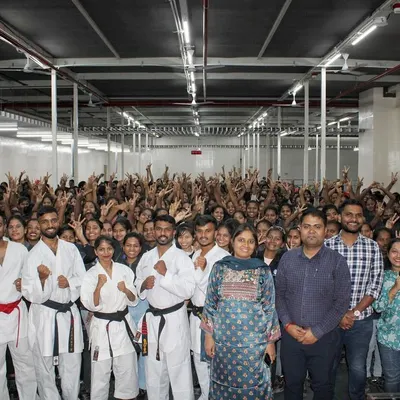 Our team with the enthusiastic participants at Ather after a successful women's self-defense awareness program. We are proud to partner with companies that prioritize the safety and empowerment of their employees.