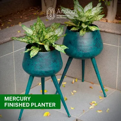 These Mercury finished planters with removable legs have a beautiful teal patina. They are perfect for adding a pop of colour and a mid-century modern vibe to your indoor or outdoor space.
