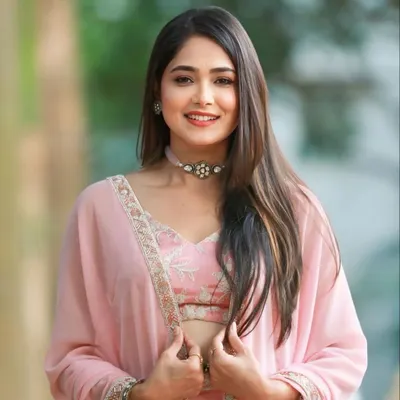 Actress Mokshitha Pai looking radiant in our custom pink lehenga set for her Bigg Boss Kannada 11 announcement. We wish her all the best!