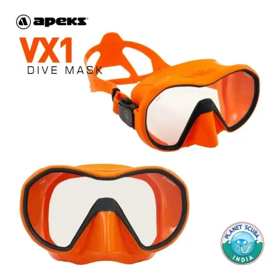 The Apeks VX1 Dive Mask in a vibrant orange. This frameless, low-volume mask is lightweight and easy to clear, offering exceptional comfort and a wide field of vision for recreational and technical diving.