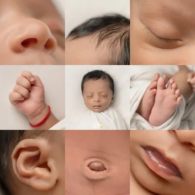 A collage of all the tiny, perfect details. From delicate eyelashes and wispy hair to tiny fingers and toes, these are the features you'll want to remember forever.