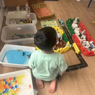 Language flourishes in the context of play. This child is "building a city, one sentence at a time," using blocks and toys to create a world where new vocabulary and grammar concepts come to life in a meaningful, engaging way.