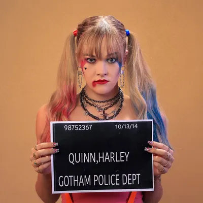 "Gotham P.D. has me." A fun and iconic mugshot from our Harley Quinn themed shoot. This shot is all about capturing the character's defiant and playful personality.