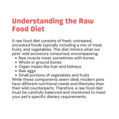 A raw food diet consists of uncooked meat, bones, fruits, and vegetables, mimicking what a pet's wild ancestors ate. However, it must be carefully balanced to meet a modern pet's nutritional needs.