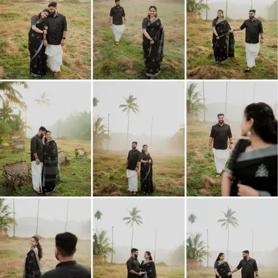 A collage showcasing a variety of poses and interactions from a single pre-wedding shoot in a misty field, perfect for an album spread.