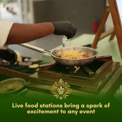 Live food stations bring a spark of excitement to any event. Here, our chef prepares fresh pasta to order, providing guests with an interactive and personalized culinary experience.