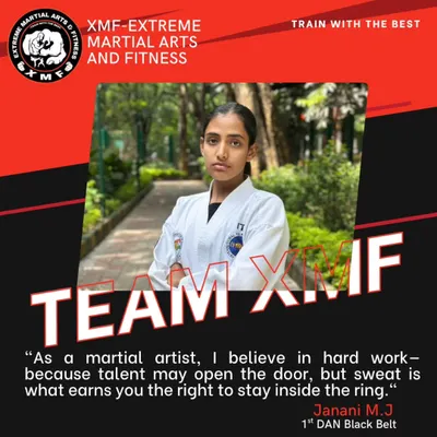 Meet Janani M.J, a 1st DAN Black Belt from Team XMF. She embodies our belief that hard work and sweat are what earn you the right to stay in the ring.