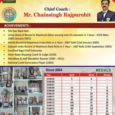 A summary of my key achievements, including my 5th Dan Black Belt and various world records, along with the academy's impressive medal count since 2004.