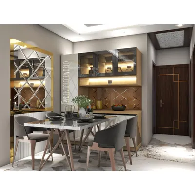 A 3D design concept for a dining area, which helps the client visualize the final look, including the furniture, colors, and lighting.