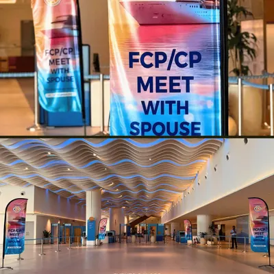 The entrance to the JITO corporate meet aboard the Cordelia Cruise. I used vibrant, large-format feather flags to ensure the event branding was prominent and welcoming, even in a large, open terminal.