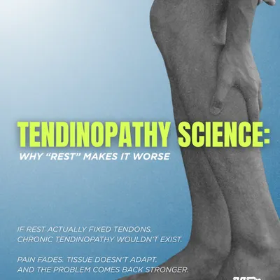 This infographic makes a bold claim based on science: "rest" makes tendinopathy worse. If rest actually fixed tendons, chronic tendinopathy wouldn't exist. The pain fades, but the tissue doesn't adapt, and the problem returns.