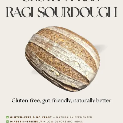 My Gluten-Free Ragi Sourdough is naturally better for you. This graphic explains its benefits: it's naturally fermented without yeast, has a low glycaemic index making it diabetic-friendly, and is rich in iron, calcium, and fiber.