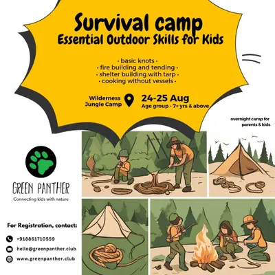 Our Survival Camp poster, detailing the essential outdoor skills kids and parents can learn together, from fire building to shelter construction.