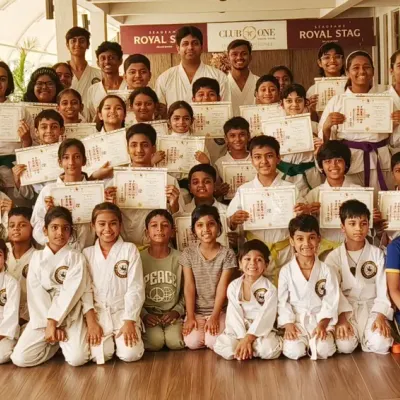 A proud moment for our entire Virar branch. This is what community and shared success look like, with dozens of students celebrating their new belts and certificates together after a grading event.
